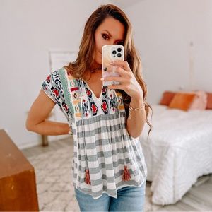 Altar'd State Blue & White Striped Embroidered Boho Tassels Top • Size Large